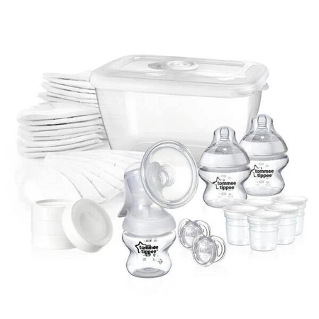 Tommee Tippee стартовий набір для грудного вигодовування, ручний молоковідсмоктувач + мікрохвильова стерилізатор + пляшечки + соска + накладки на груди: ціни та характеристики