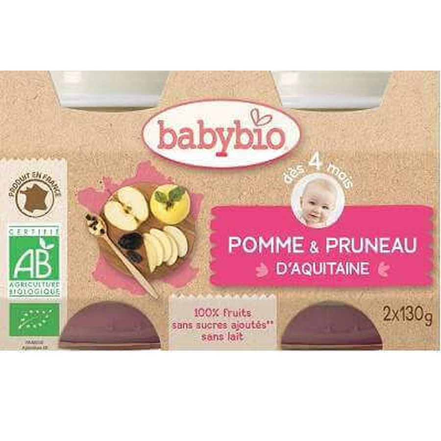 Органическое пюре из яблок и чернослива, +4 месяца, 2 раза по 130 г, BabyBio: цены и характеристики