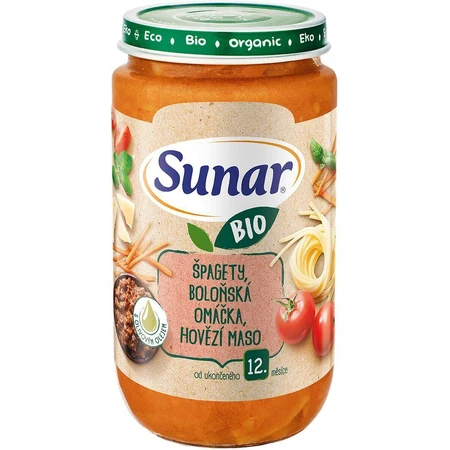 Пагетти з гарніром Sunar BIO, соус болоньєзе, яловичина 12м+, 235 г: ціни та характеристики