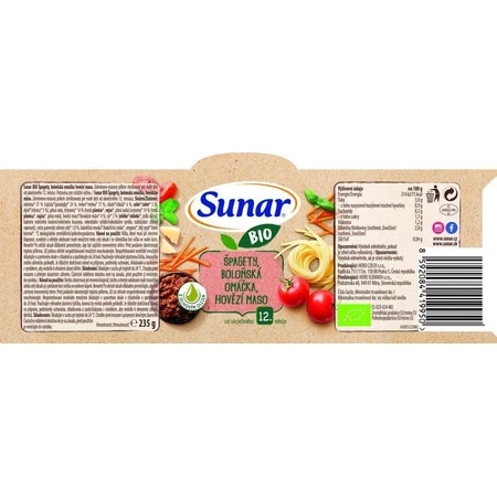 Пагетти з гарніром Sunar BIO, соус болоньєзе, яловичина 12м+, 235 г: ціни та характеристики