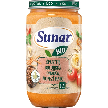 Пагетти з гарніром Sunar BIO, соус болоньєзе, яловичина 12м+, 235 г: ціни та характеристики