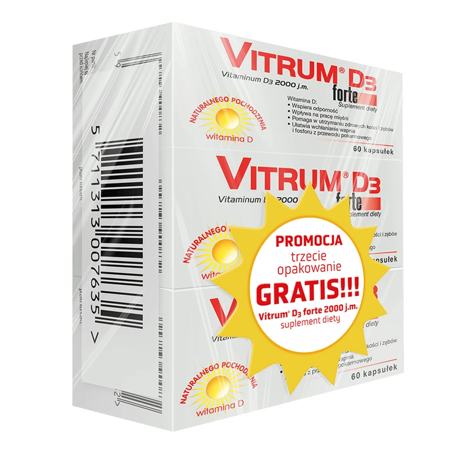 Vitrum D3 Forte, вітамін D 2000 МО, 2 х 60 капсул + 60 капсул безкоштовно УДАЛЕНА УПАКОВКА: ціни та характеристики