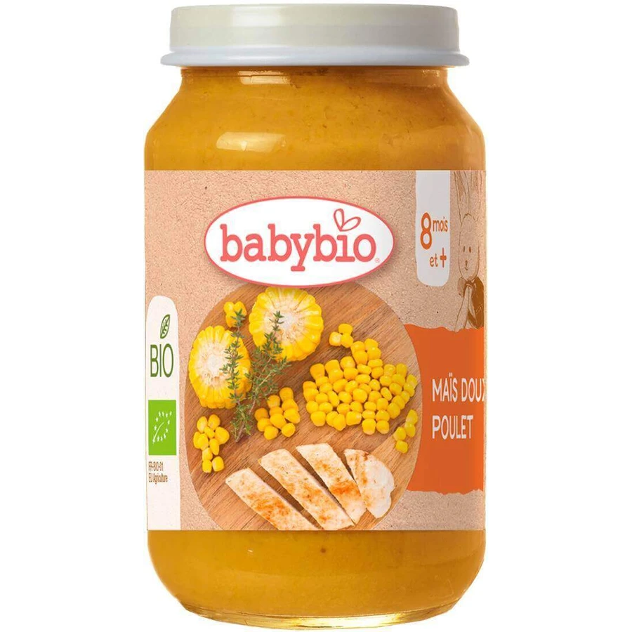 BABYBIO органическая сладкая кукуруза с фермерской курицей 1×200 г, органический овощной гарнир: цены и характеристики