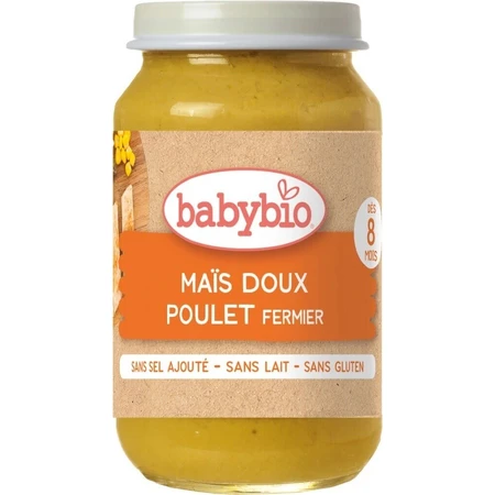 BABYBIO органическая сладкая кукуруза с фермерской курицей 1×200 г, органический овощной гарнир: цены и характеристики