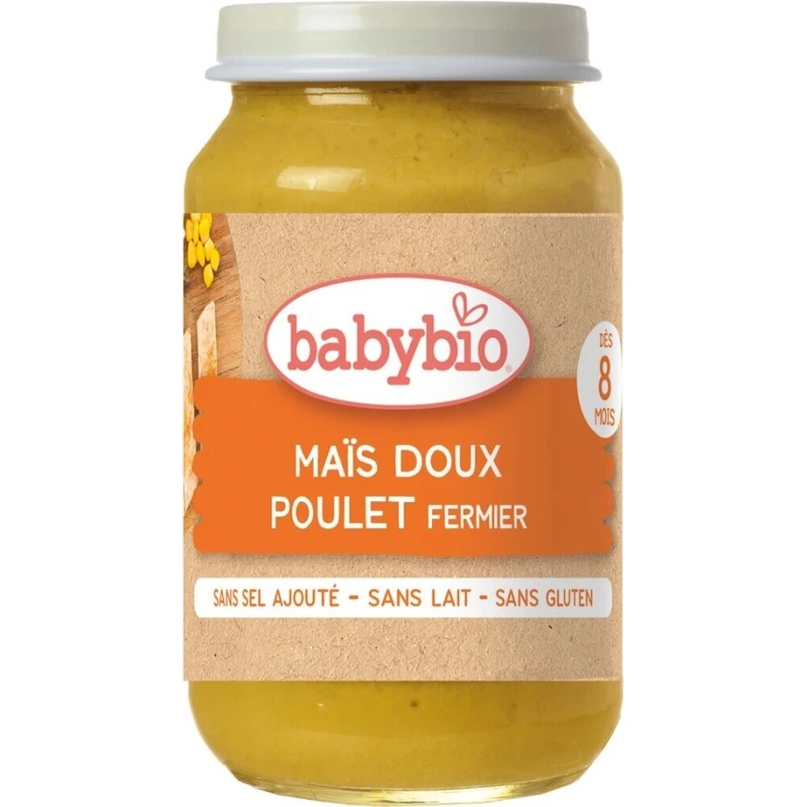 BABYBIO органическая сладкая кукуруза с фермерской курицей 1×200 г, органический овощной гарнир: цены и характеристики