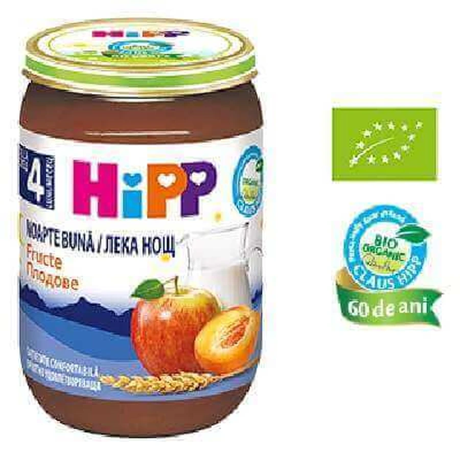 Серый с молоком и фруктами Спокойной ночи, +4 месяца, 190 г, Hipp: цены и характеристики