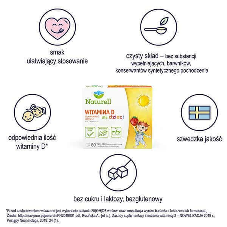 Вітамін D для дітей 1000 МО Naturell Vitamina D dla dzieci, зі смаком ванілі та полуниці, 60 жувальних таблеток: ціни та характеристики