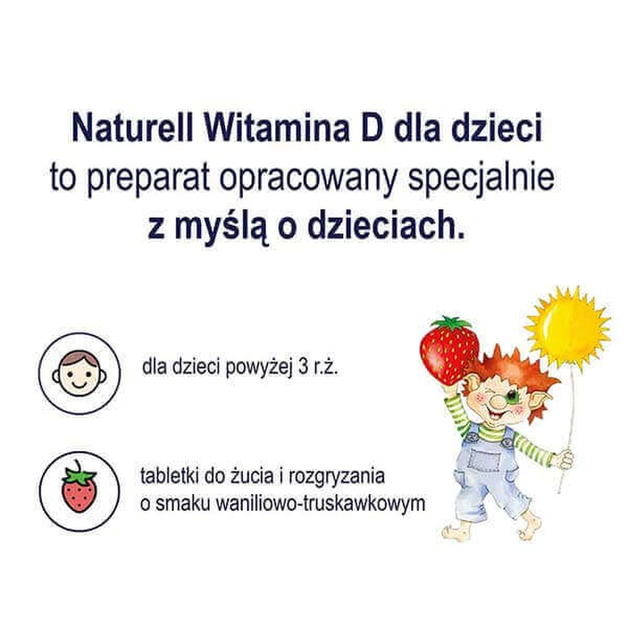 Вітамін D для дітей 1000 МО Naturell Vitamina D dla dzieci, зі смаком ванілі та полуниці, 60 жувальних таблеток: ціни та характеристики