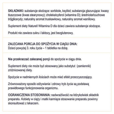 Вітамін D для дітей 1000 МО Naturell Vitamina D dla dzieci, зі смаком ванілі та полуниці, 60 жувальних таблеток: ціни та характеристики
