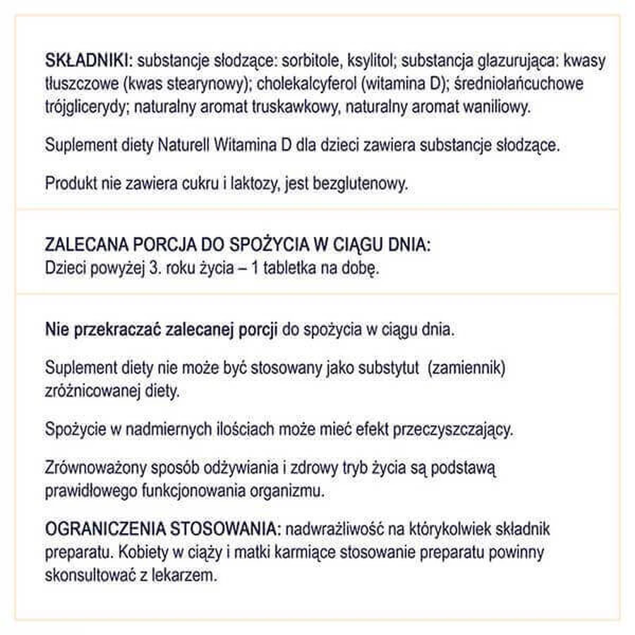 Вітамін D для дітей 1000 МО Naturell Vitamina D dla dzieci, зі смаком ванілі та полуниці, 60 жувальних таблеток: ціни та характеристики