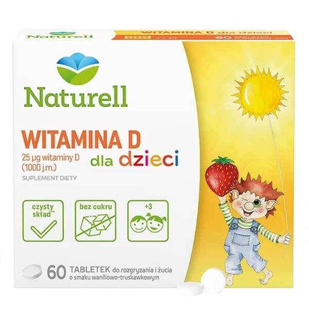 Вітамін D для дітей 1000 МО Naturell Vitamina D dla dzieci, зі смаком ванілі та полуниці, 60 жувальних таблеток: ціни та характеристики