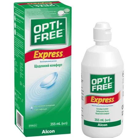 Багатоцільовий розчин Opti-Free Express для контактних лінз, флакон, 355 мл, з контейнером для зберігання лінз: ціни та характеристики