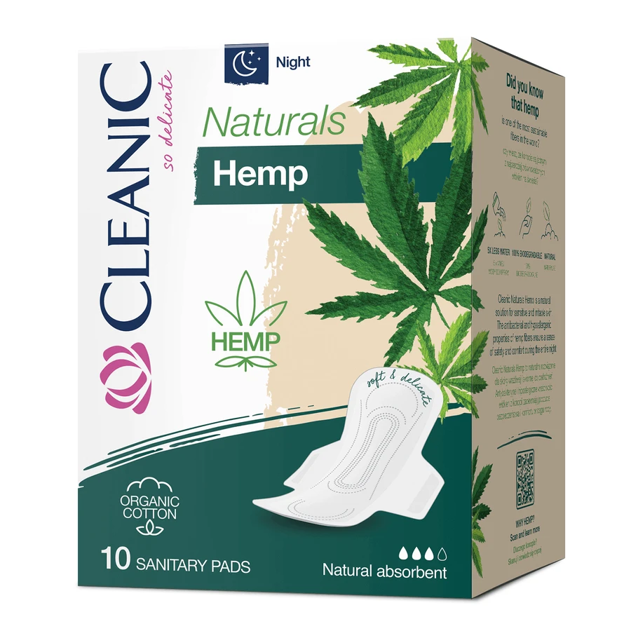 Cleanic Naturals Hemp, гигиенические полотенца из органического хлопка и конопляных волокон, с крылышками, ночь, 10 шт.: цены и характеристики