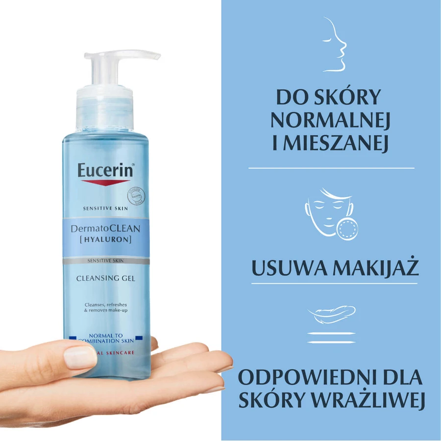 Eucerin DermatoClean [Hyaluron], засіб для вмивання обличчя для нормальної, комбінованої та чутливої шкіри, 200 мл: ціни та характеристики
