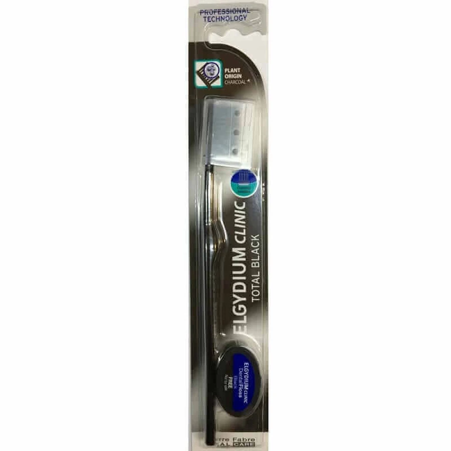 Чорна зубна щітка Clinic Total Black + чорна зубна нитка Dental Floss, Elgydium: ціни та характеристики