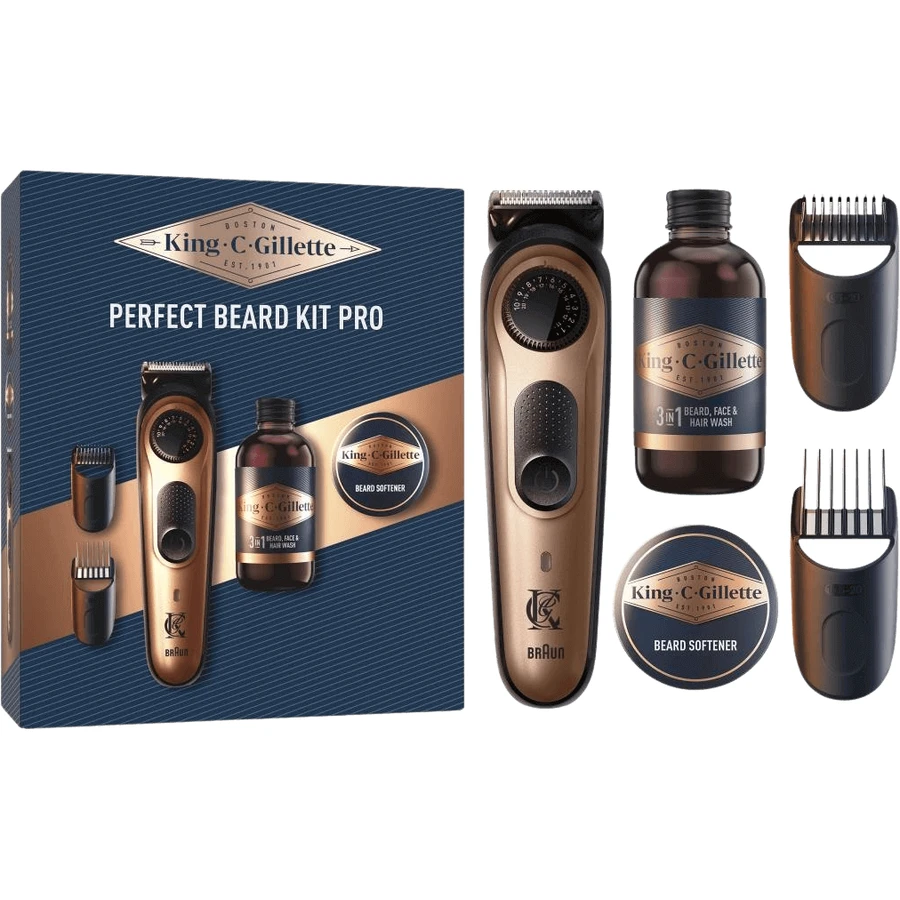 Подарунковий набір Gillette King C. тример для бороди PRO для чоловіків, тример + шампунь для бороди 60 мл + бальзам для бороди 100 мл: ціни та характеристики