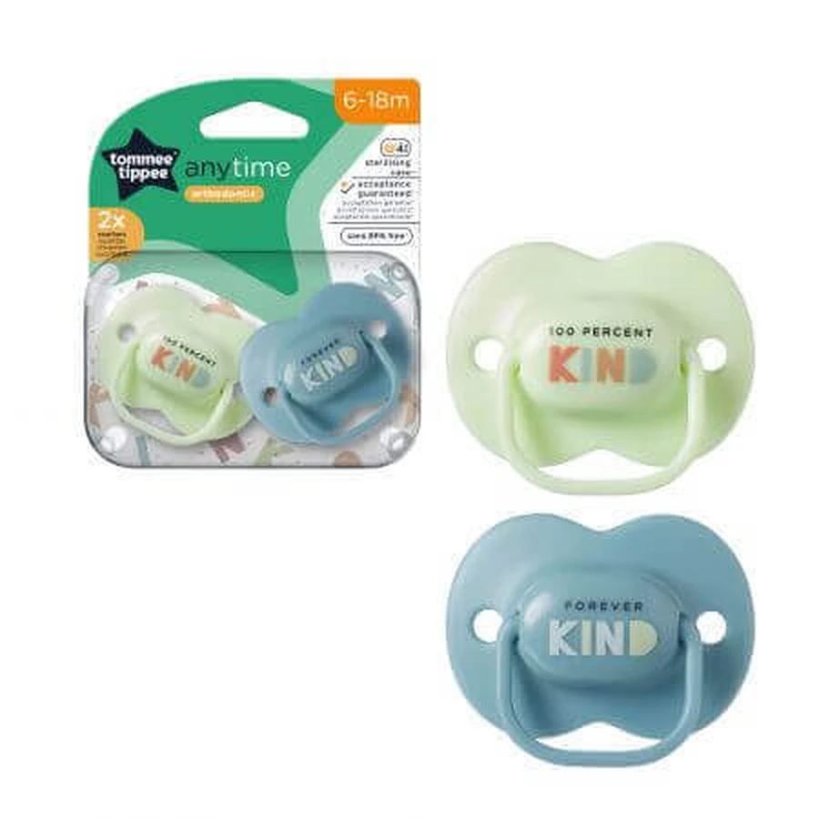 Ортодонтические пустышки Anytime, 6 - 18 месяцев, зеленая / синяя, 2 шт, Tommee Tippee: цены и характеристики