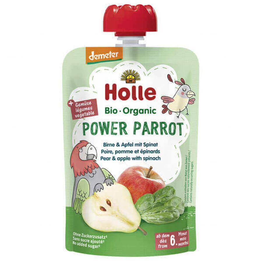 Holle, Мус фруктово-овочевий у тюбику, Power Parrot, груша, яблуко, шпинат, з 6 місяців, 100 г: ціни та характеристики
