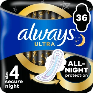Нічні гігієнічні серветки Always Ultra Secure Night (розмір 4) з крильцями 36 шт.