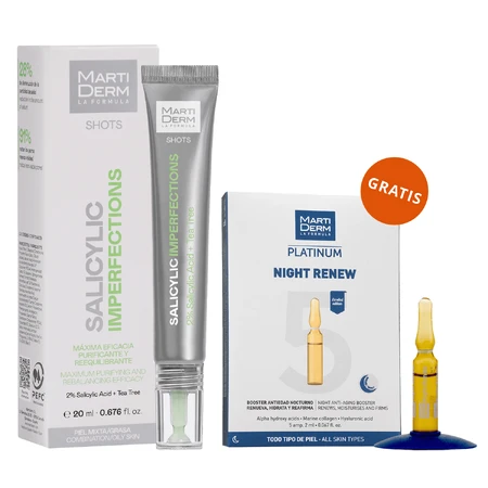 Набір з безкоштовною сироваткою для обличчя MartiDerm Shots Salicylic Imperfections, 20 мл + нічним бустером Platinum Night Renew, 2 мл х 5 ампул: ціни та характеристики