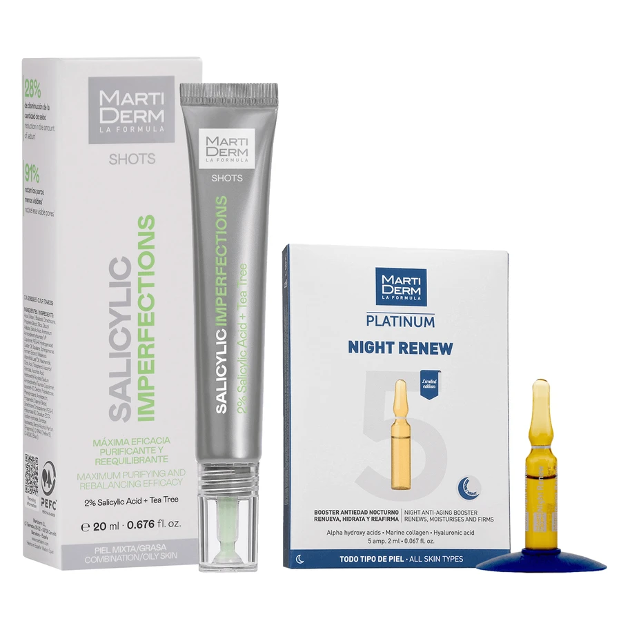 Набір з безкоштовною сироваткою для обличчя MartiDerm Shots Salicylic Imperfections, 20 мл + нічним бустером Platinum Night Renew, 2 мл х 5 ампул: ціни та характеристики