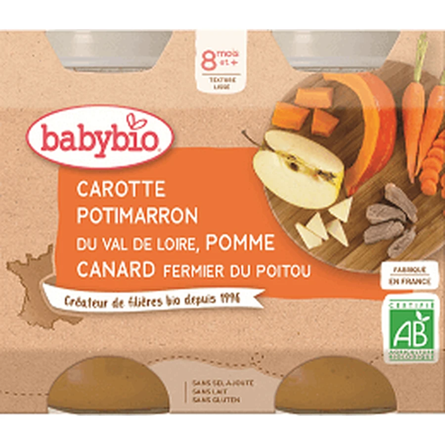 Babybio menu морковь, тыква и яблоки с утиным мясом 2 x 200 г: цены и характеристики