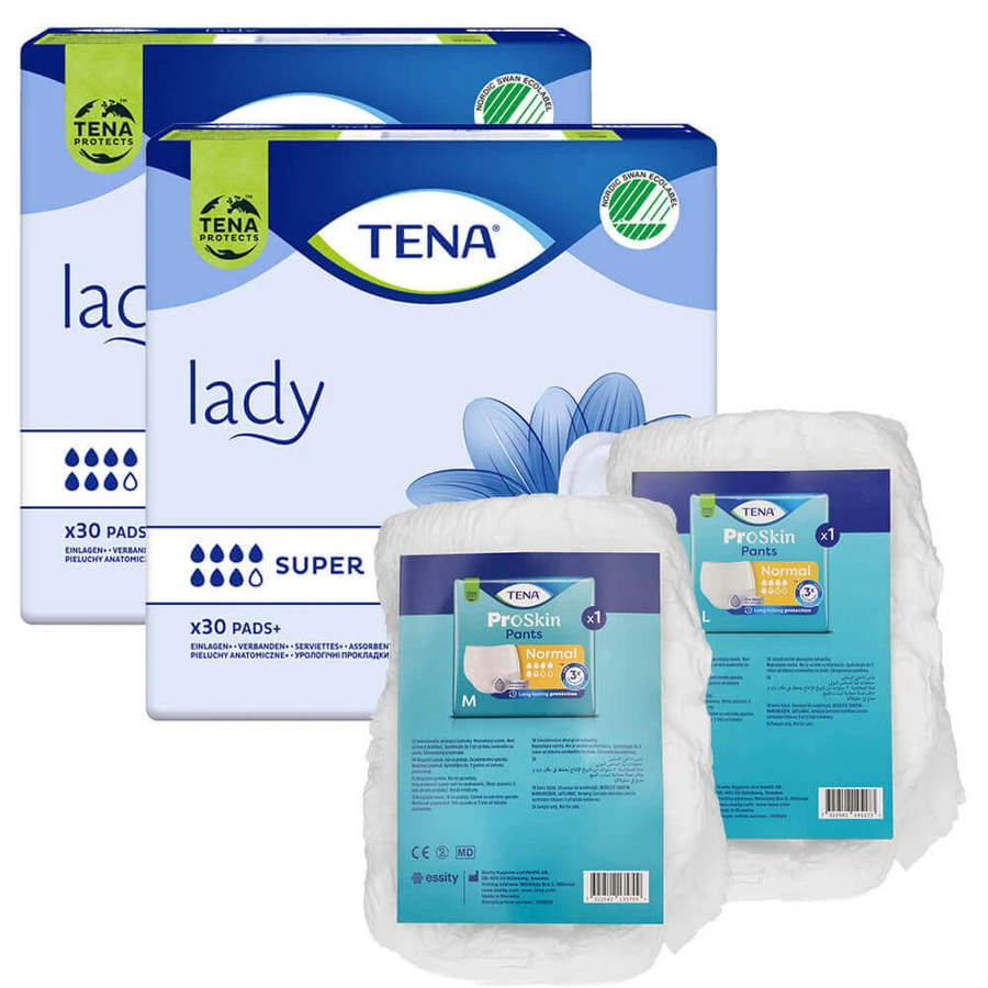 Набор Tena Lady, специальные гигиенические салфетки, Super, 2 x 30 шт + ProSkin Pants Normal chonic трусы, размер M и L, 2 образца: цены и характеристики