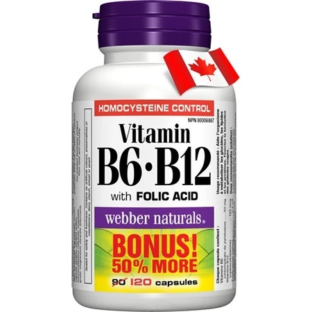 WEBBER NATURALS Вітамін В6+В12+фолієва кислота 1×120 капсул, дієтична добавка: ціни та характеристики