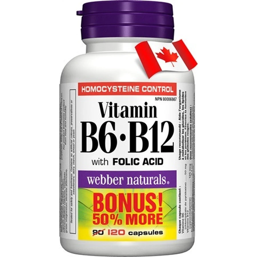 WEBBER NATURALS Вітамін В6+В12+фолієва кислота 1×120 капсул, дієтична добавка: ціни та характеристики