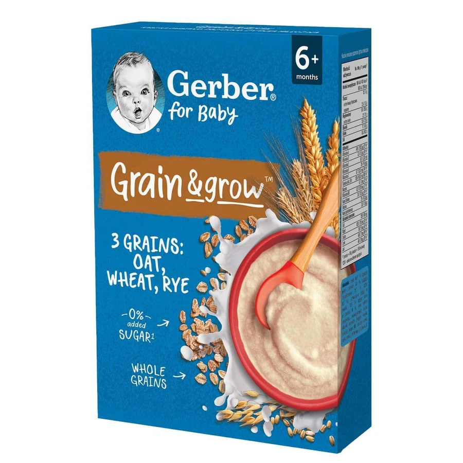 Gerber Grain & Grow Безмолочная овсяно-пшенично-ржаная каша, без сахара, после 6 месяцев, 200 г: цены и характеристики