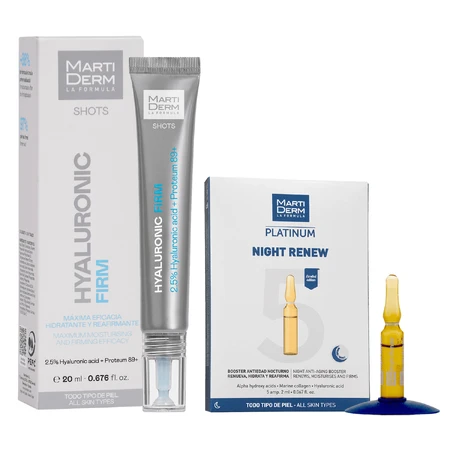 Набор с бесплатным гиалуроновым филлером MartiDerm Shots, сыворотка для лица, 20 мл + Platinum Night Renew, ночной бустер, 2 мл x 5 ампул: цены и характеристики