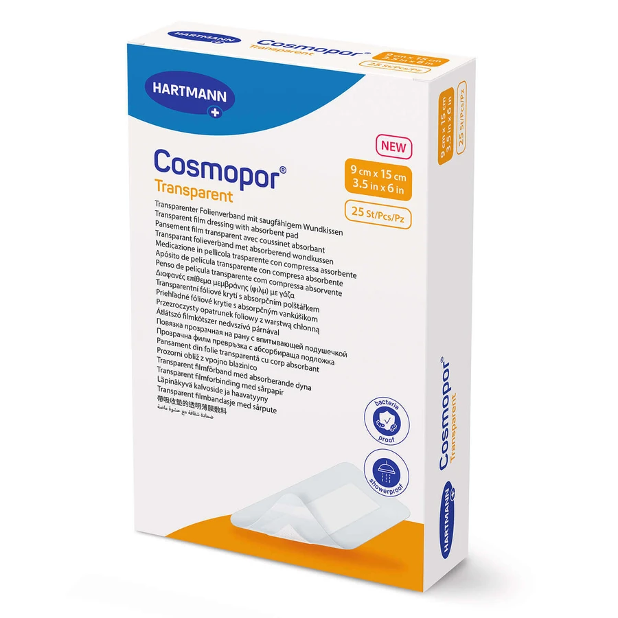 Cosmopor Transparent, прозрачная пленочная повязка с хонными слоями, стерильная, 9 x 15 см, 25 штук: цены и характеристики
