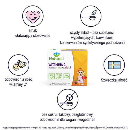 Naturell Вітамін С для дітей 50 мг, зі смаком бузини та яблука, 60 таблеток, які можна жувати та ковтати: ціни та характеристики