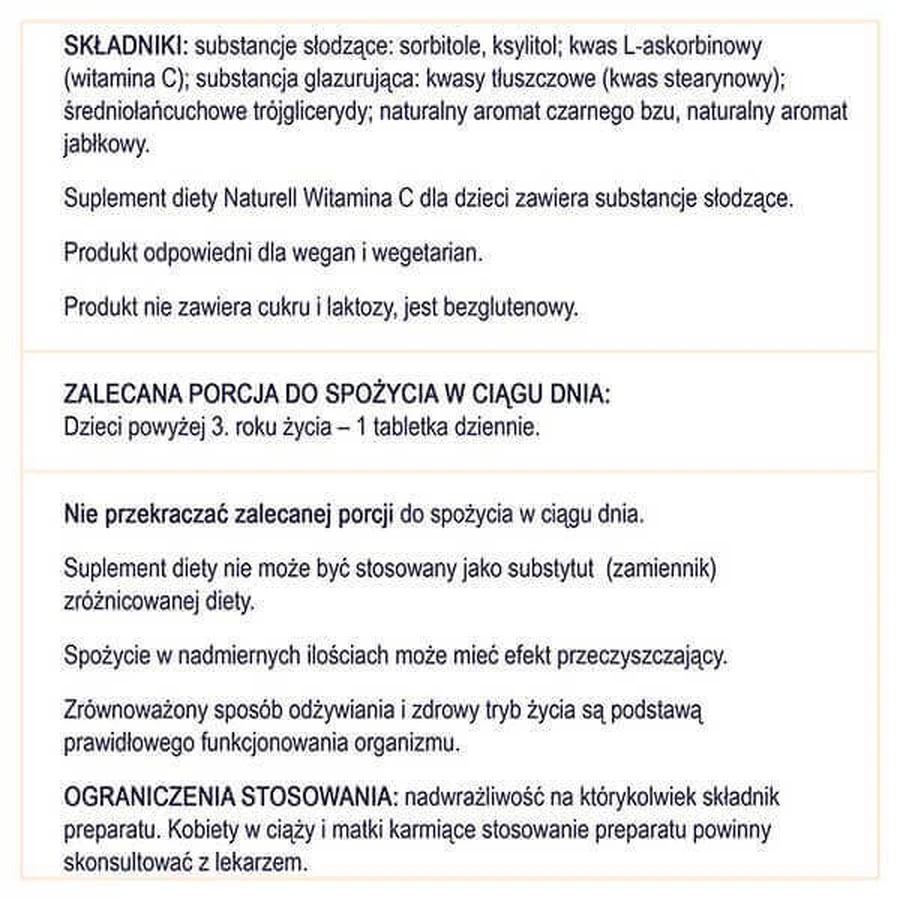 Naturell Вітамін С для дітей 50 мг, зі смаком бузини та яблука, 60 таблеток, які можна жувати та ковтати: ціни та характеристики