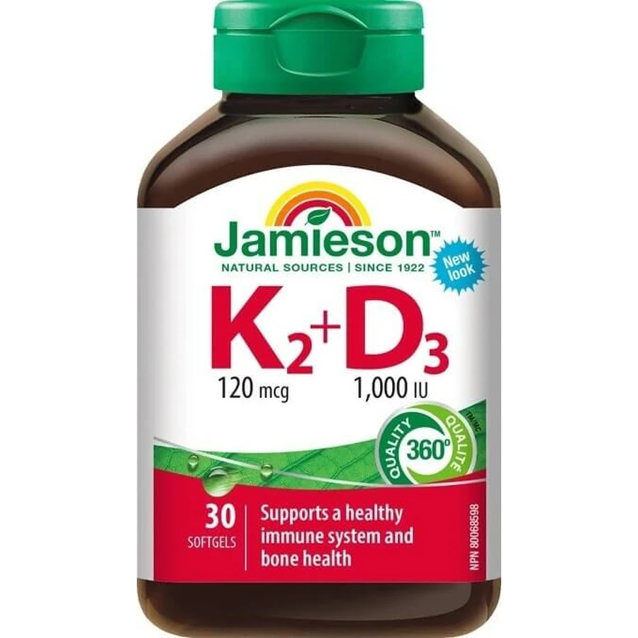 JAMIESON VITAMINS K2 120 мкг + D3 1000 МЕ 1×30 капс, пищевая добавка: цены и характеристики
