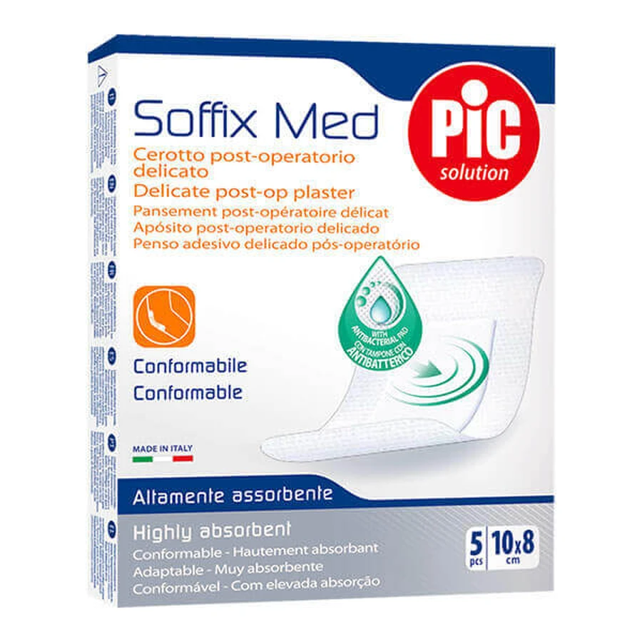 Pic Solution Soffix Med, послеоперационный антибактериальный пластырь, 8 см x 10 см, 5 шт.: цены и характеристики