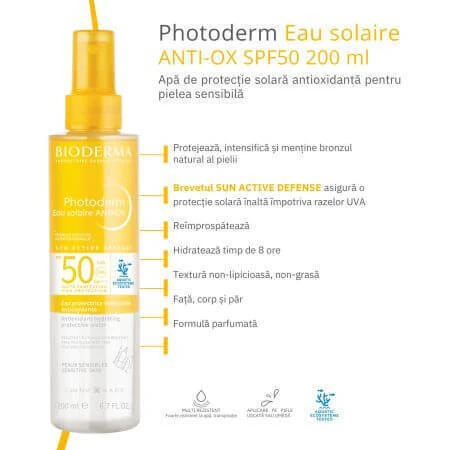 Сонцезахисна вода SPF 50 для чутливої шкіри Photoderm Anti-Ox, 200 мл, Bioderma: ціни та характеристики