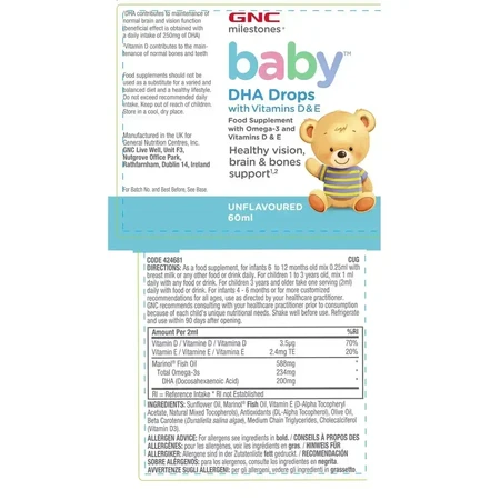 GNC Milestones® Baby DHA Drops with Vitamins D & E, капли с ДГК + витамином D и Е для младенцев, 60 мл: цены и характеристики