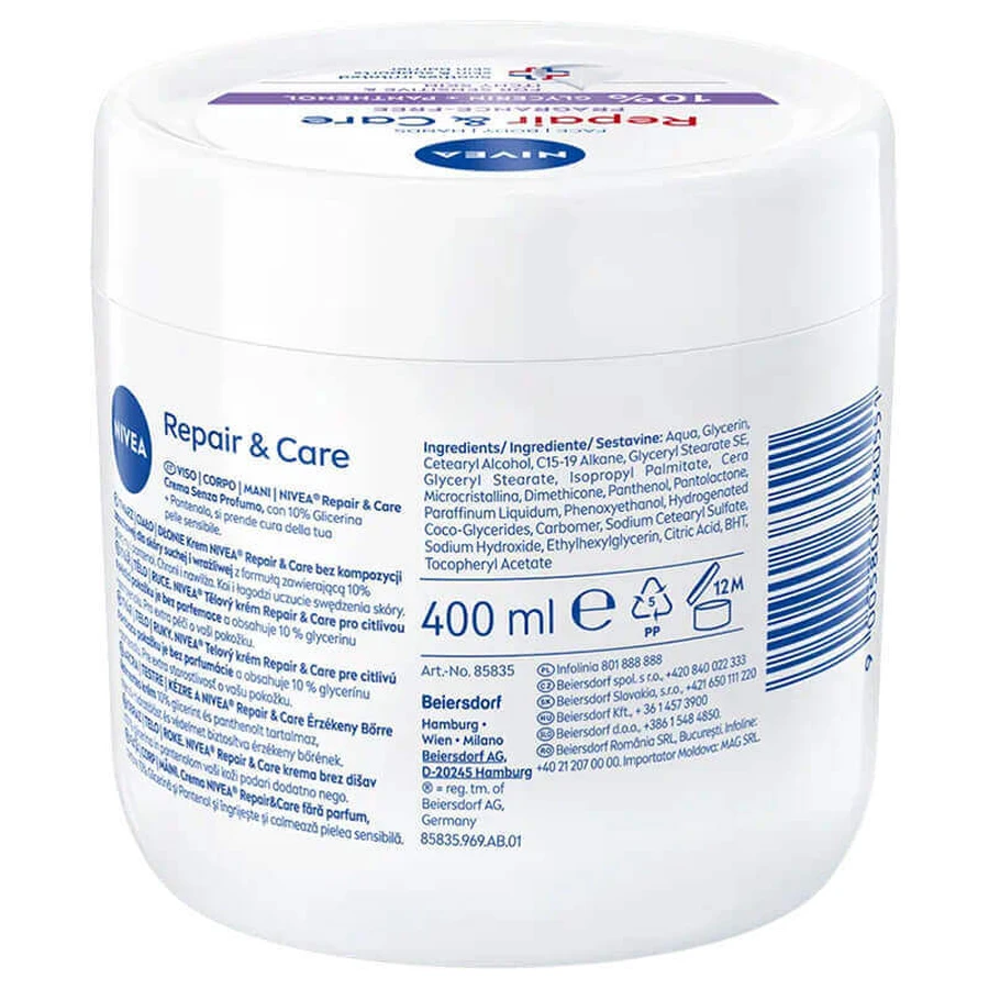 Nivea Repair & Care Sensitive Багатофункціональний зволожуючий і захисний крем з пантенолом, без віддушок, для чутливої шкіри, 400 мл: ціни та характеристики