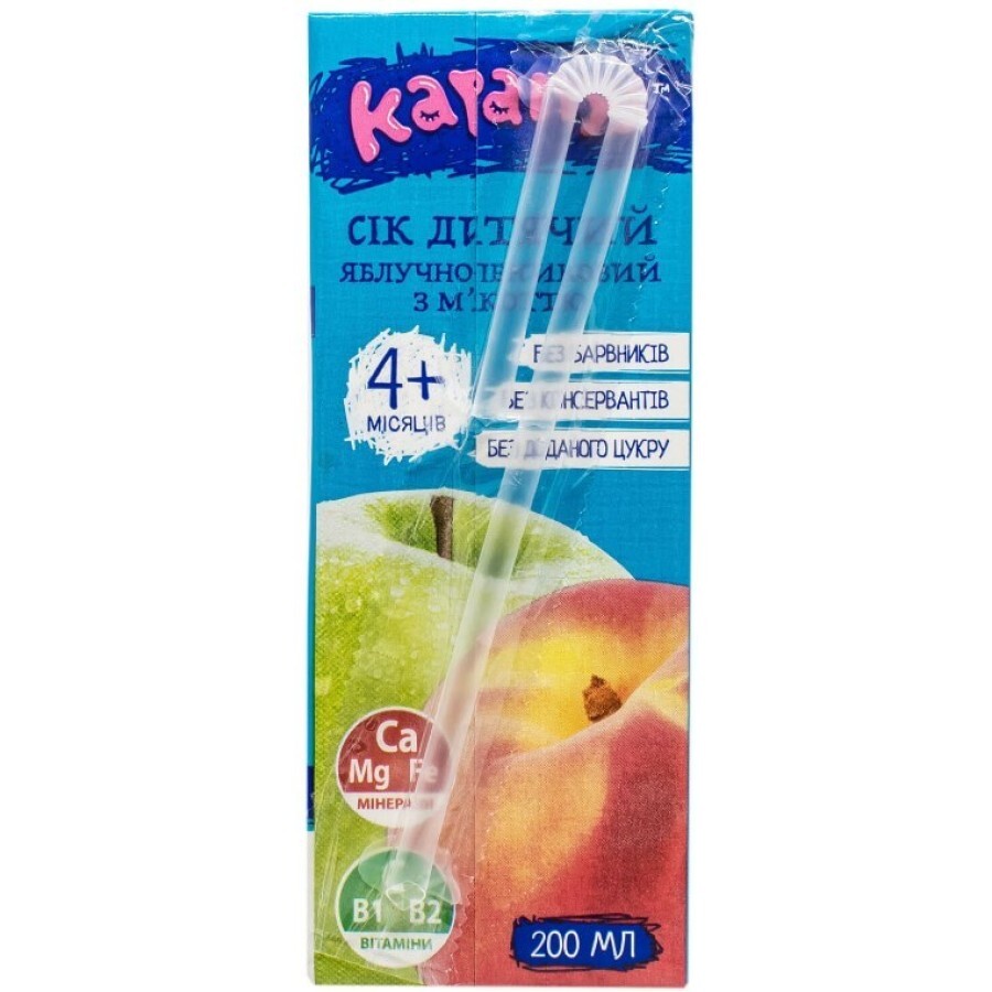 Сок фруктовый Карапуз Яблочно-персиковый, с мякотью без сахара, с 4 месяцев, 200 мл: цены и характеристики
