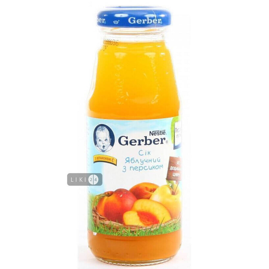 Сок яблочный с персиком тм "gerber" восстановленный, неосветленный, пастеризованный витаминиз. 175 мл, с 5 месяцев: цены и характеристики