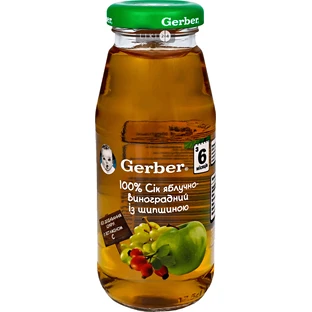 Сок яблочно-виноградный с шиповником Gerber восстановленный, осветленный, пастеризованный витаминиз. 175 мл, с 6 месяцев