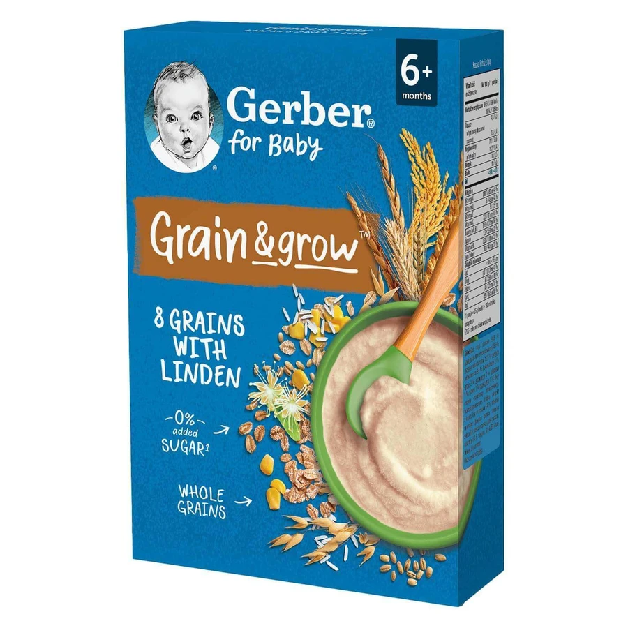 Каша Gerber Grain & Grow 8 злаків з лаймом, безмолочна, без додавання цукру, після 6 місяців, 200 г : ціни та характеристики