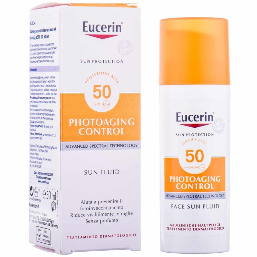 Сонцезахисний флюїд для обличчя Eucerin SPF 50 антивіковий 50 мл: ціни та характеристики