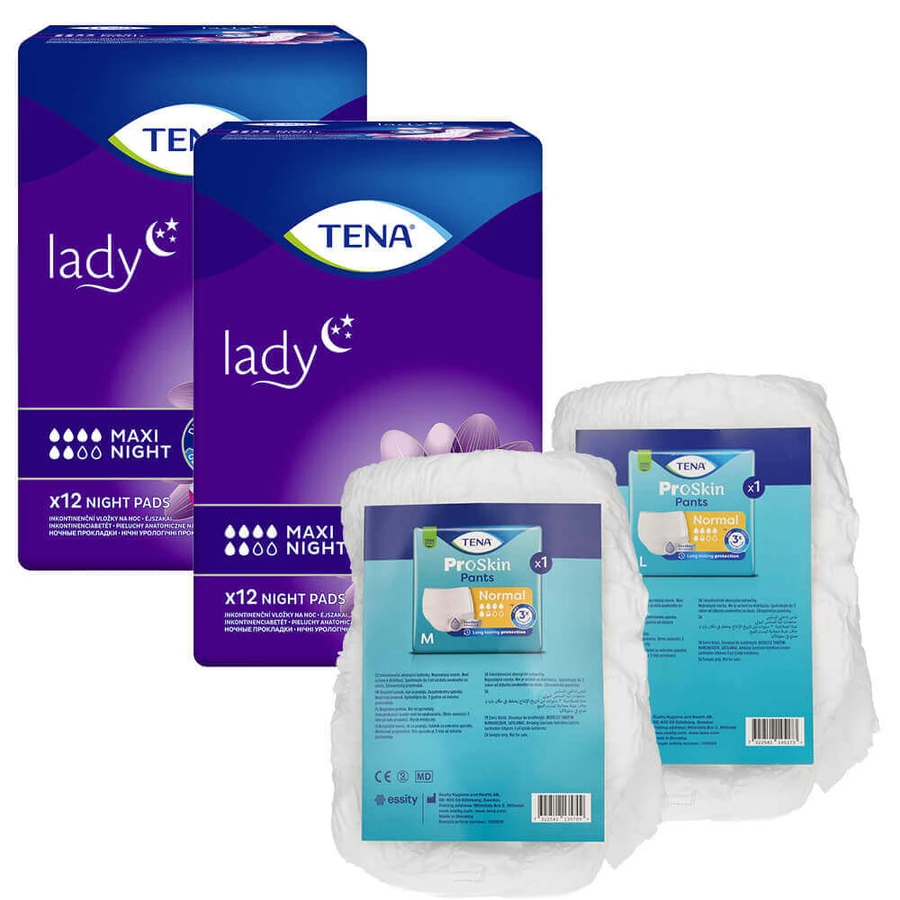 Набір Tena Lady, спеціальні гігієнічні рушники Maxi Night, 2 x 12 шт + ProSkin Pants Normal chonic труси, розмір M та L, 2 зразки: ціни та характеристики