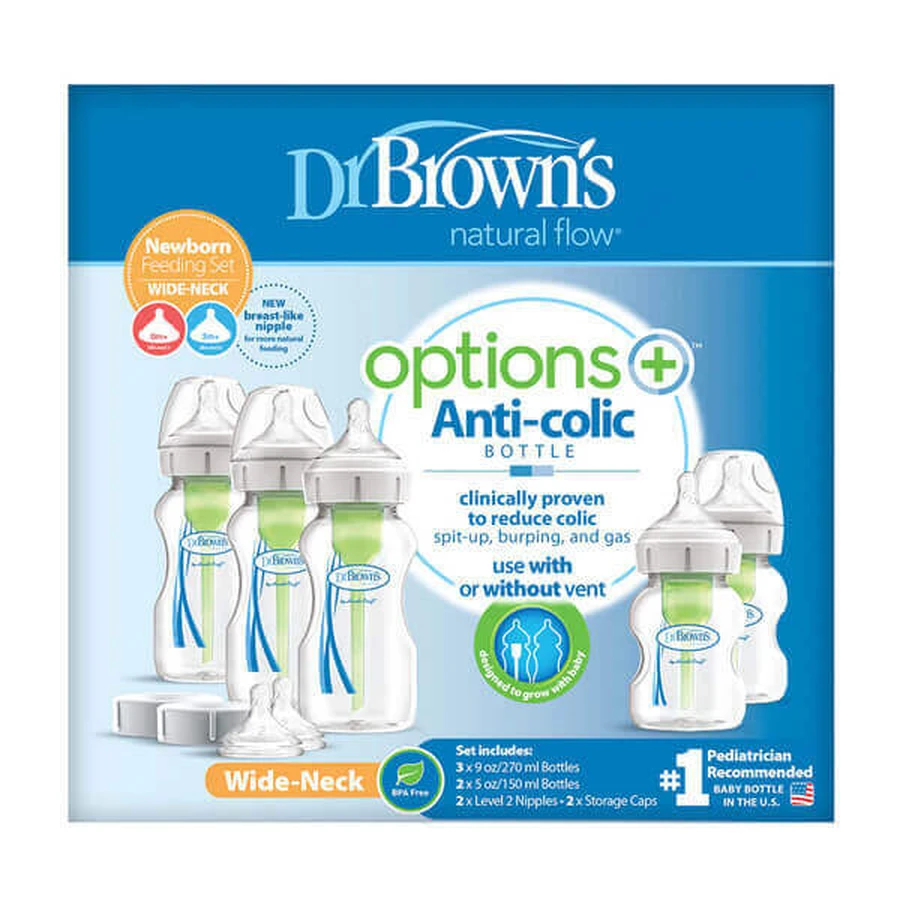 Dr Brown's Options+, стартовий набір великий, стандартна пляшечка від кольок, широке горлечко, 3 x 270 мл + 2 x 150 мл: ціни та характеристики