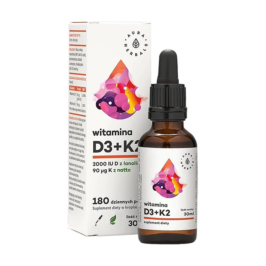 Aura Herbals, Вітамін D3 2000 МО, K2mk7, краплі, 30 мл ЗАБРУДНЕНА УПАКОВКА: ціни та характеристики