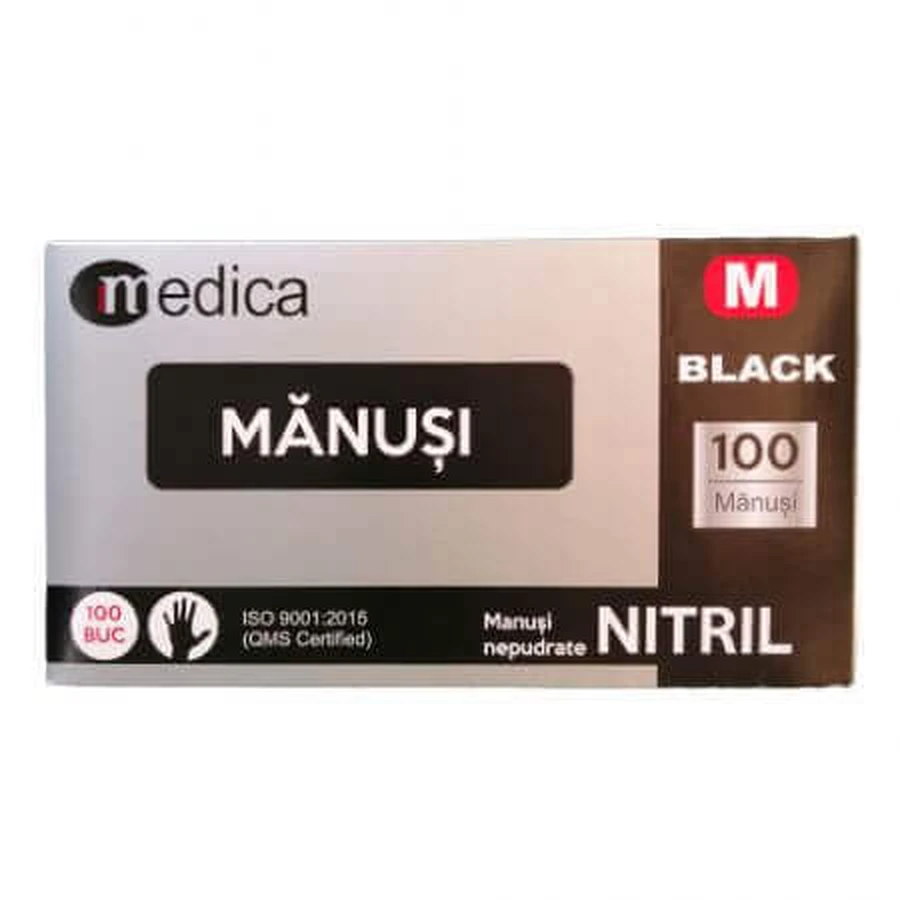 Черные неопудренные нитриловые перчатки, M, 100 штук, Medica: цены и характеристики