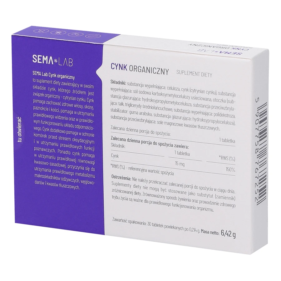 SEMA Lab Органічний цинк, 30 таблеток, вкритих плівковою оболонкою: ціни та характеристики