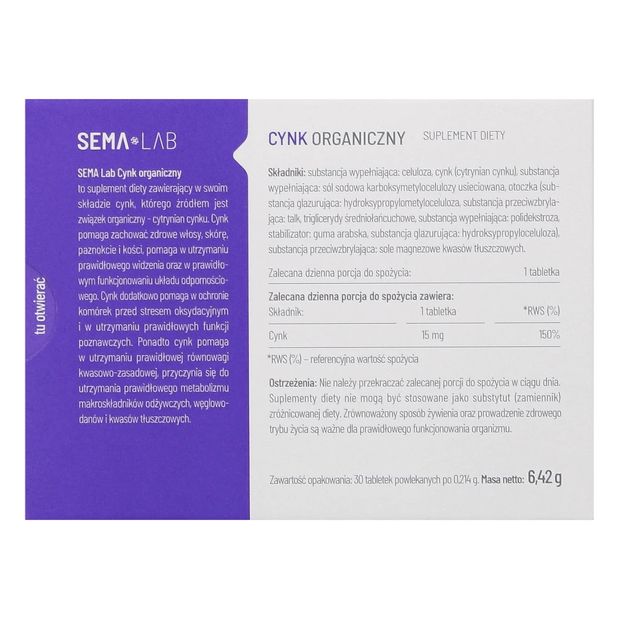 SEMA Lab Органічний цинк, 30 таблеток, вкритих плівковою оболонкою: ціни та характеристики